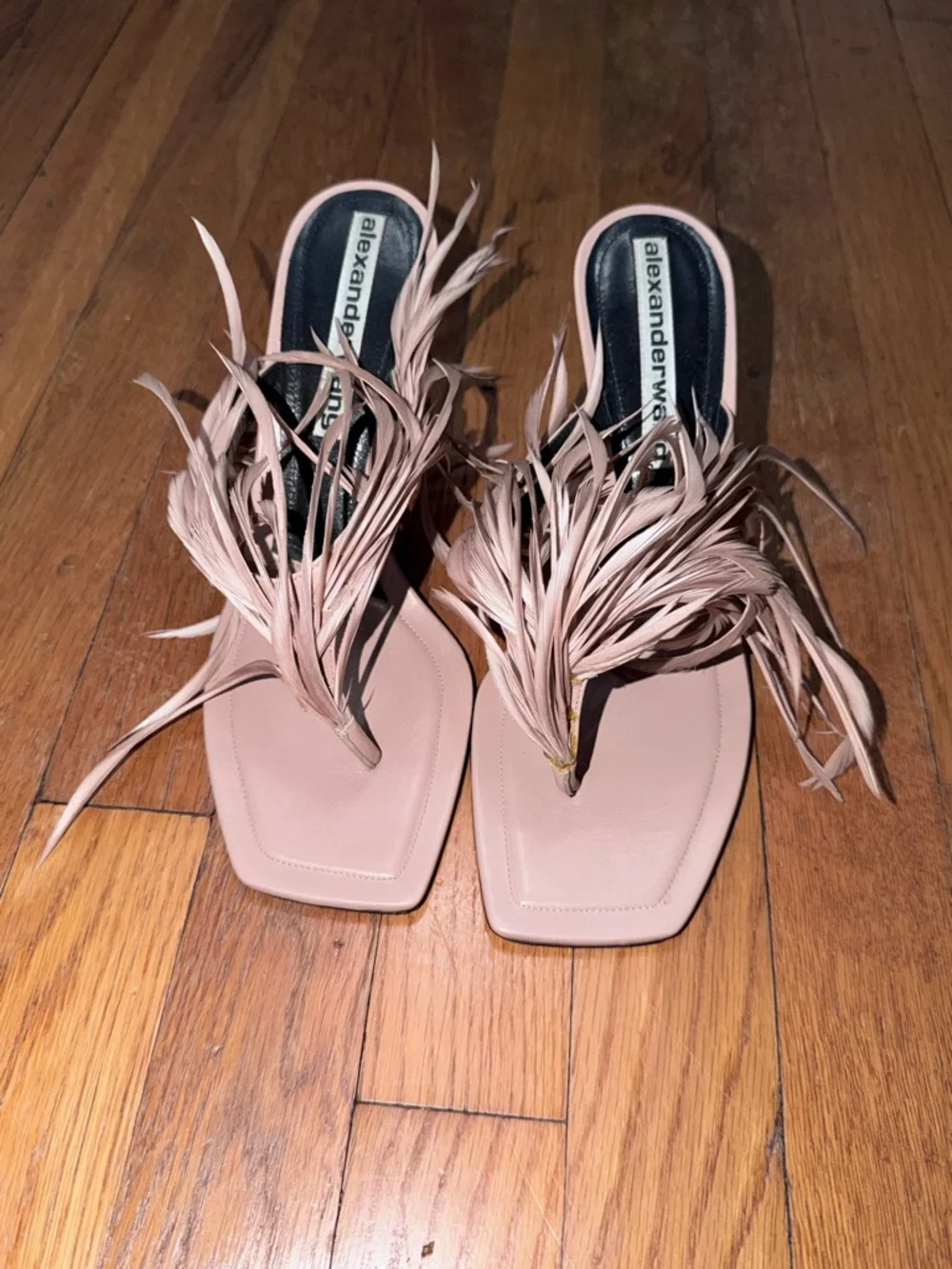 Alexander Wang Ivy Feather Sandal Nude Pink Square-Toe Mules Heels Size 39 - Picture 2 of 8
